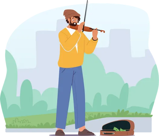 Man playing violin on city street  Illustration