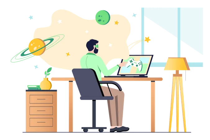 Concept Metaverse With People Scene In Flat Cartoon Design Man Transported From His Room To Virtual Reality With Help Of Digital Gadgets Vector Illustration Illustration