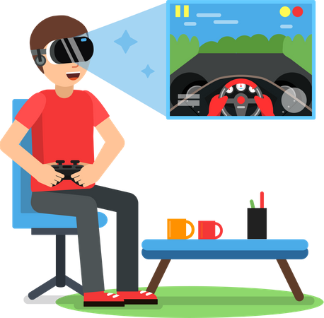 Man playing VR racing game Illustration
