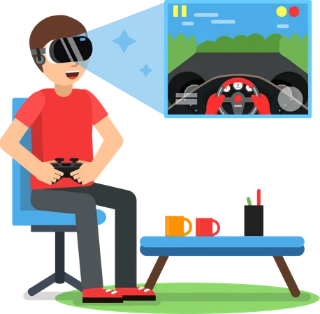 Man playing VR racing game Illustration