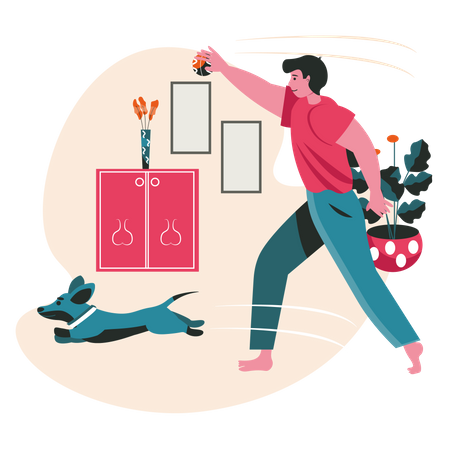 Man playing with a dog in house  Illustration