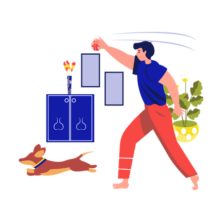 Man playing with a dog in house  Illustration