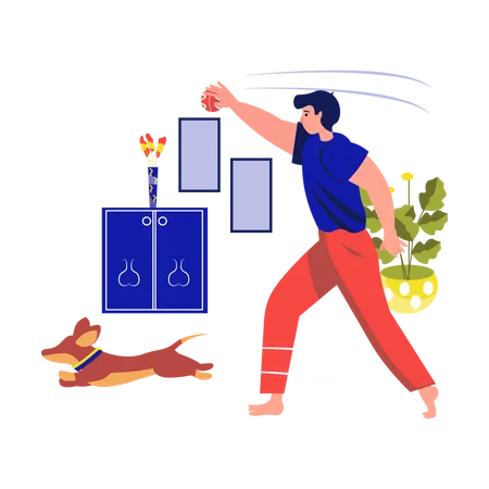 Man playing with a dog in house  Illustration