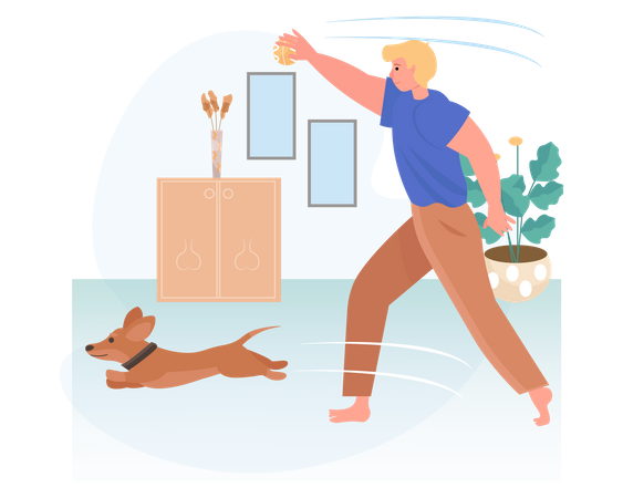 Man playing with a dog in house  Illustration