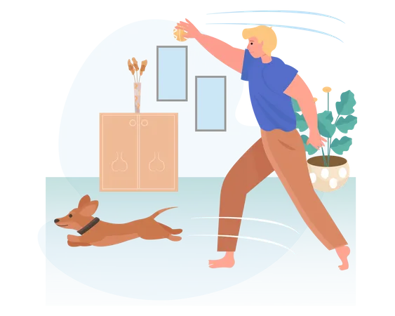 Man playing with a dog in house  Illustration