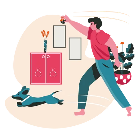 Man playing with a dog in house  Illustration