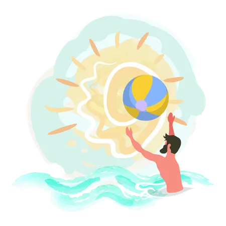 Wonderful Summer Man Playing Ball In Water Tossing And Catching It Isolated Vector Label Activity Funny Summertime Side View Of Male With Beard Splashing Or Training In Pool 일러스트레이션