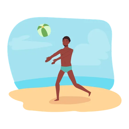 Beach Activity Concept Man Enjoying Beachball Game Joyful Man Playing With Beachball Illustration