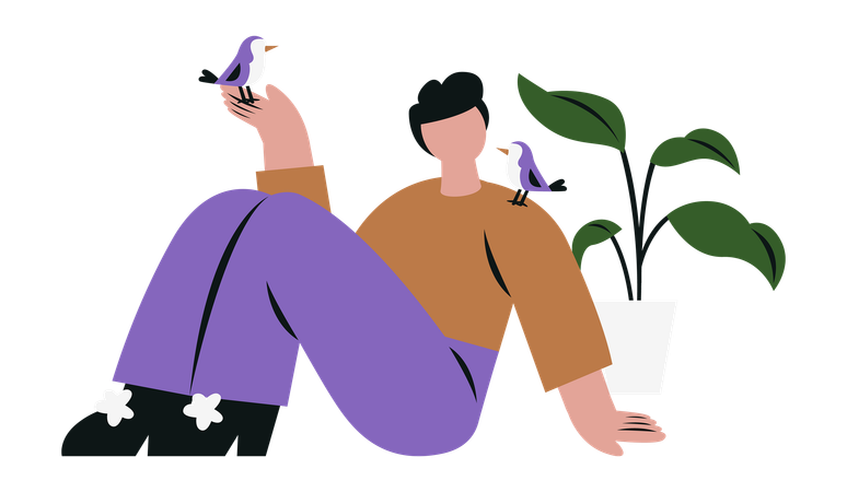 Man Playing with Birds  Illustration