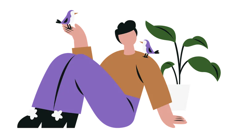 Man Playing with Birds  Illustration