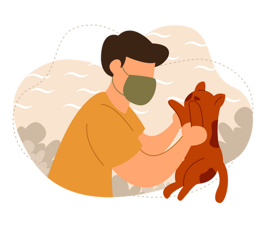Man playing with cat wearing a face mask Illustration