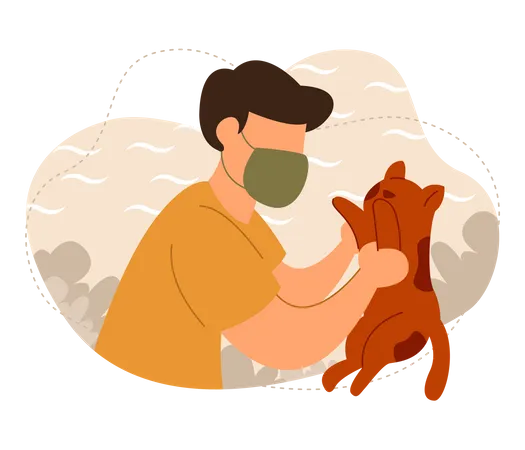 Man playing with cat wearing a face mask  Illustration