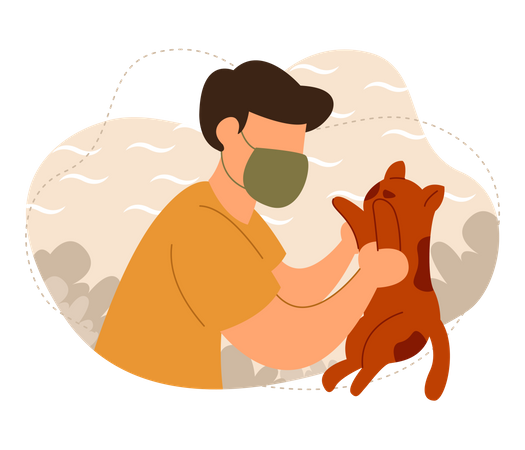 Man playing with cat wearing a face mask  Illustration