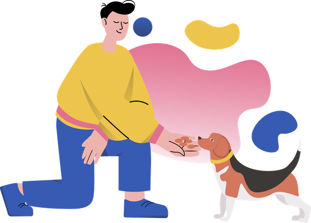 犬と遊ぶ男性  イラスト