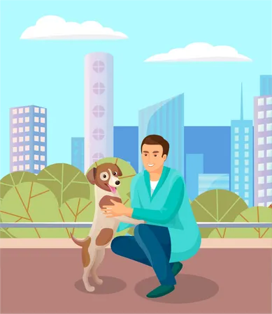 Man playing with pet dog  Illustration