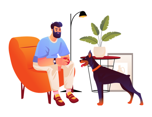 Man playing with pet dog at home  Illustration