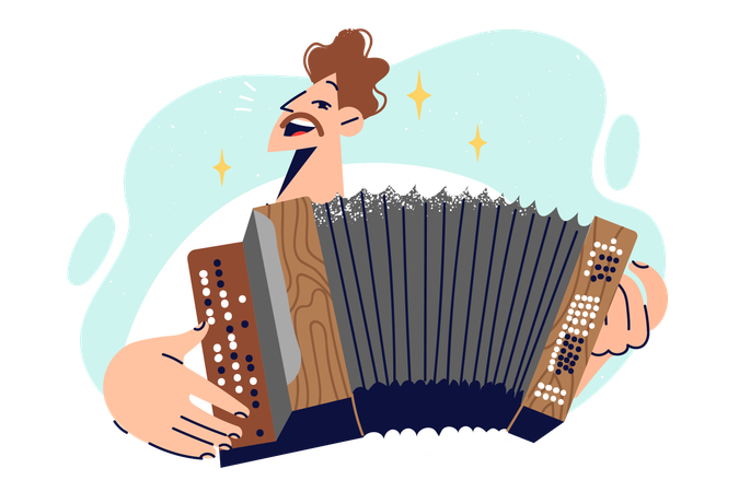 Man plays button accordion and sings songs to amuse visitors  Illustration