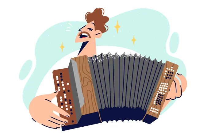 Man Plays Button Accordion And Sings Songs To Amuse Visitors To Acoustic Concert Of Rare Musical Instruments Guy Holds Bayan Or Accordion Demonstrating Skills In Performing Complex Compositions Illustration
