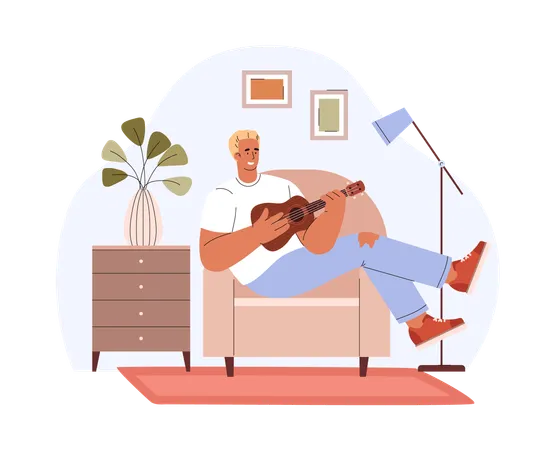 Man In Armchair Plays Cheerfully On Ukulele In Cozy Room Persons Enjoys Playing Musical Instrument Small Guitar Vector Isolated Illustration Hand Drawn Illustration