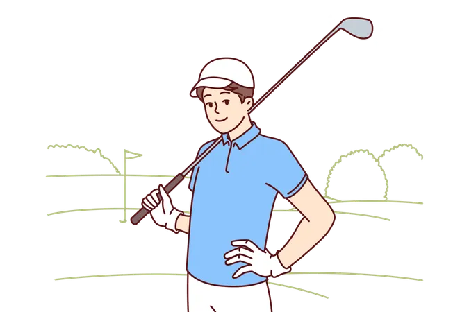 Man With Golf Club On Shoulder Smiles Standing In Golfers Park After Successfully Completing All Holes Young Successful Guy Is Fond Of Playing Golf Inviting Rivals To Play Sports Illustration
