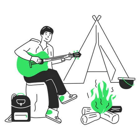 Man plays guitar by the fire Illustration
