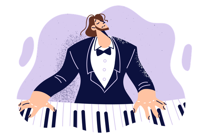 Man plays piano performing classical music on keyboard musical instrument for audience  Illustration