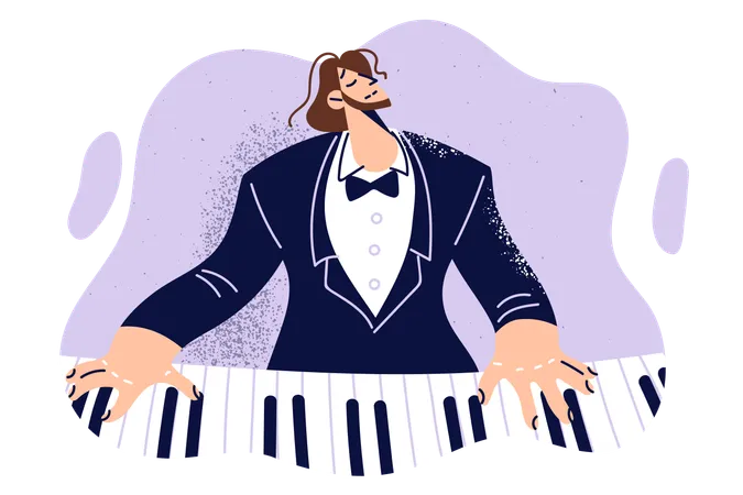 Man Plays Piano Performing Classical Music On Keyboard Musical Instrument For Audience Of Concert At Conservatory Male Composer In Tuxedo Performs Put Hands On Piano Keyboard And Closed Eyes Illustration