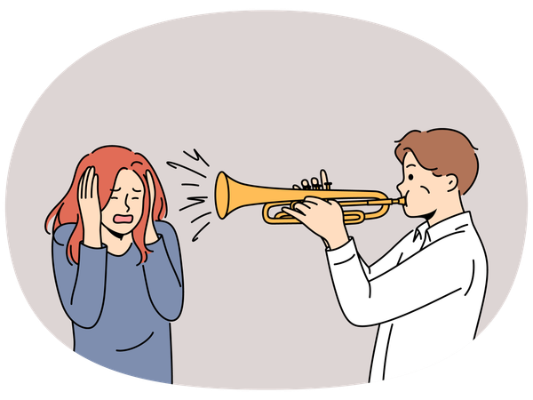 Man plays trumpet near woman covering ears  Illustration