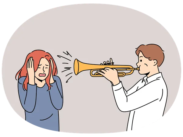 Man plays trumpet near woman covering ears  Illustration