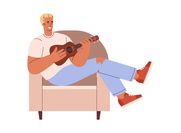Man Sits In Chair And Plays A Small Ukulele Guitar Flat Vector Illustration Playing And Learning Popular Musical Instrument Ukulele Illustration