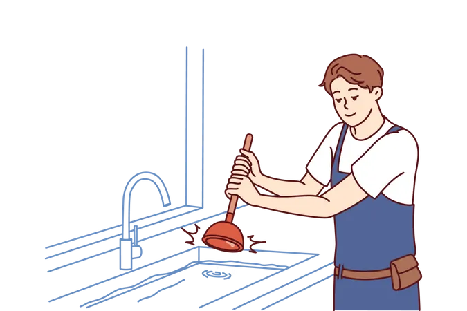 Man plumber is dressed in overalls uses plunger to clear blockage in sink in kitchen or bathroom  Illustration