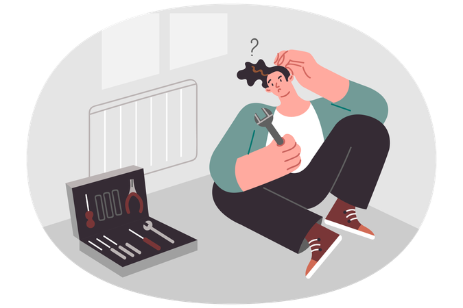 Man plumber sits near radiator and scratches head not knowing how to solve problem  Illustration