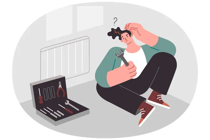 Man plumber sits near radiator and scratches head not knowing how to solve problem  Illustration