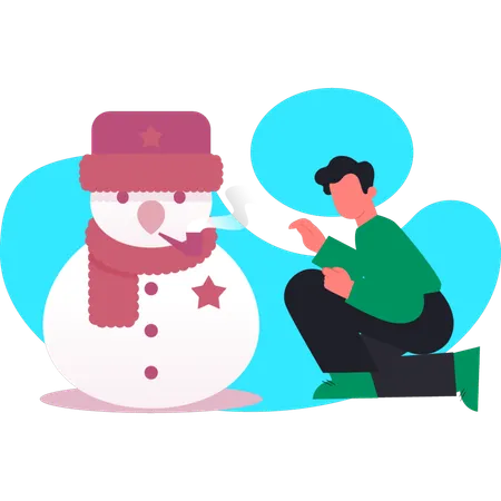 Man pointing adorable snowman  Illustration