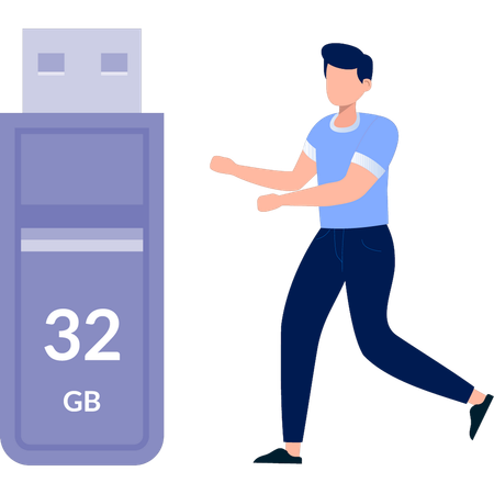 Man pointing at 32GB USB  Illustration