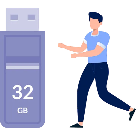 Man pointing at 32GB USB  Illustration