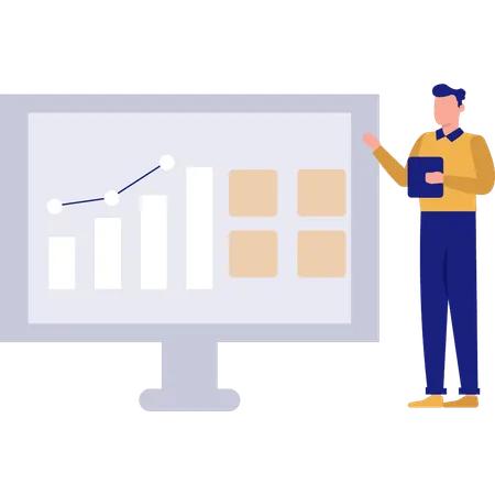 Man pointing at bar graph on monitor  Illustration