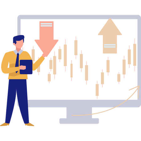 Man pointing at candlestick graph on screen  Illustration