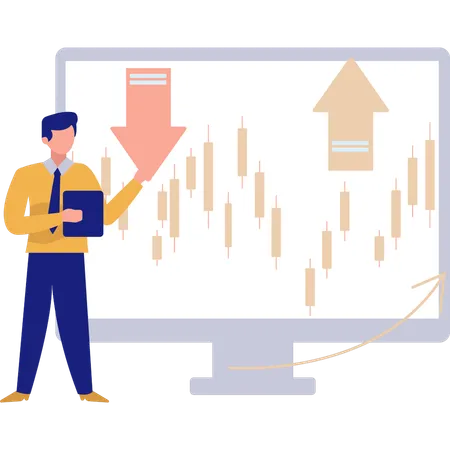 Man pointing at candlestick graph on screen  Illustration