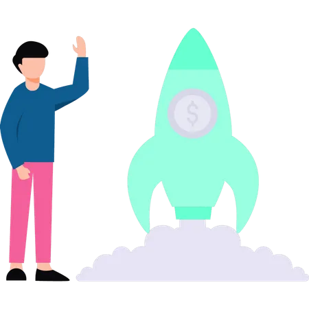 Man pointing at dollar startup rocket  Illustration