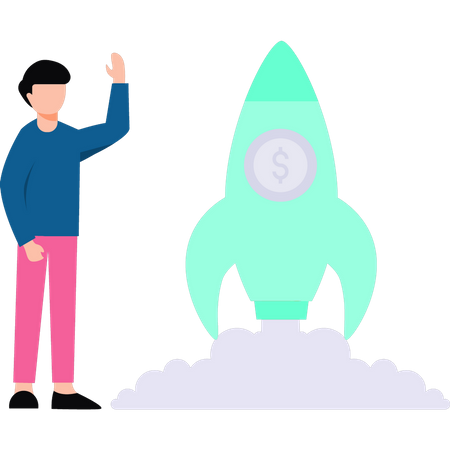 Man pointing at dollar startup rocket  Illustration