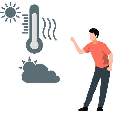Man pointing at increasing temperature of sun rays  Illustration