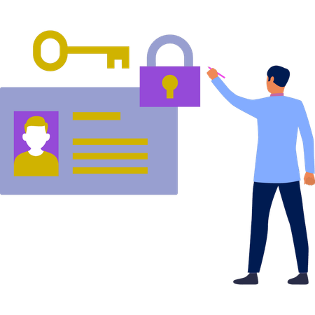 Man pointing at lock and key  Illustration