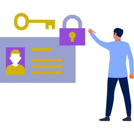 Man pointing at lock and key  Illustration