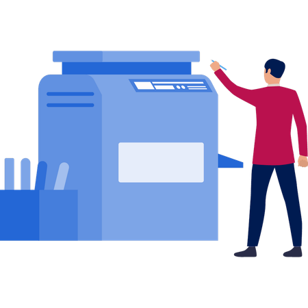 Man pointing at photocopies machine  Illustration