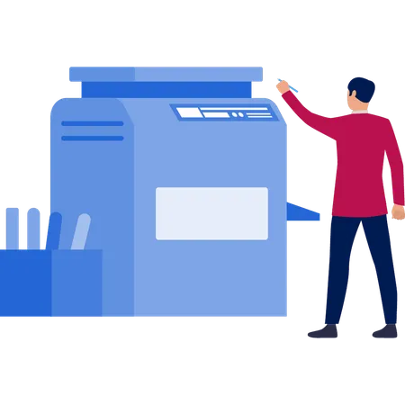 Man pointing at photocopies machine  Illustration