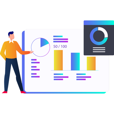 Man pointing at pie graph on screen  Illustration