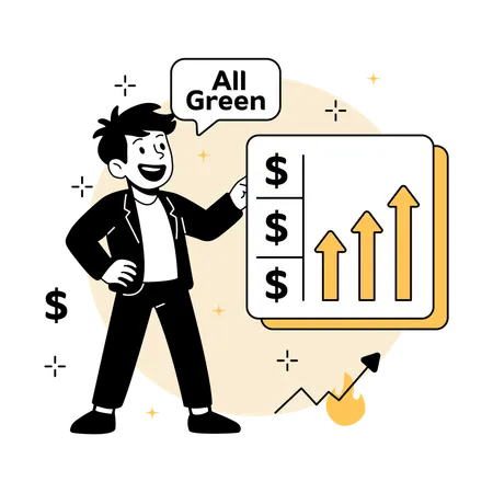 上昇する株価ボードを指差す男性  イラスト