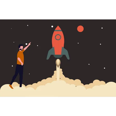 Man pointing at rocket  Illustration