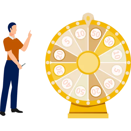 Man pointing at roulette wheel in casino  Illustration